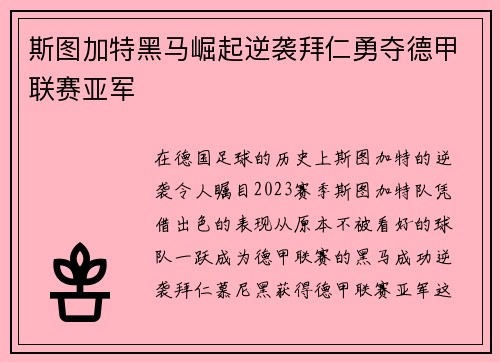 斯图加特黑马崛起逆袭拜仁勇夺德甲联赛亚军