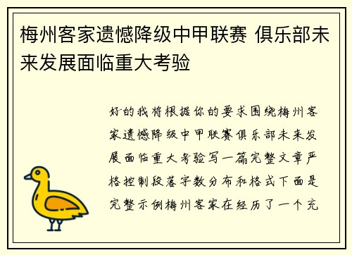 梅州客家遗憾降级中甲联赛 俱乐部未来发展面临重大考验